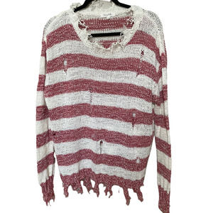 Honey Belle Womens Frayed Distressed V-Neck Sweater Size Large Pink White